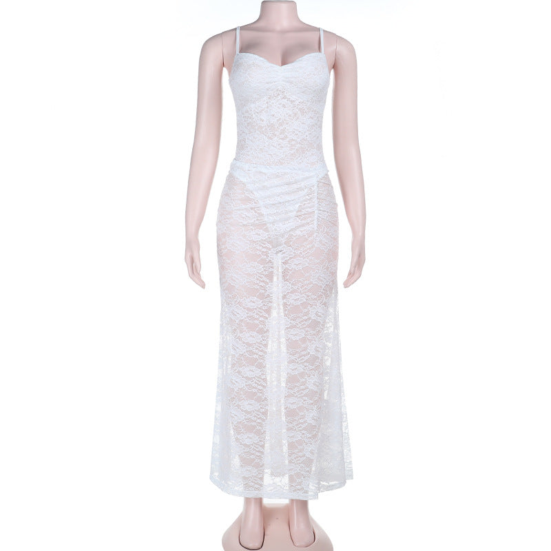 Damen sexy Spitzen Maxi-Kleid mit verstellbaren Trägern und Herzen-Ausschnitt EB