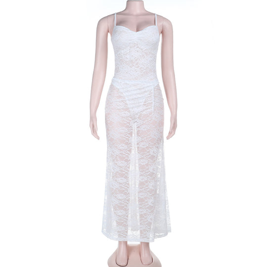 Damen sexy Spitzen Maxi-Kleid mit verstellbaren Trägern und Herzen-Ausschnitt EB
