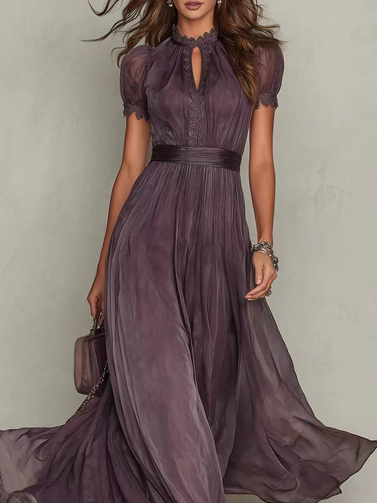 Damen nan langes Chiffon-Abendkleid mit Spitzen‑Stehkragen, Schlüsselöffnung und taillierter Schärpe EB