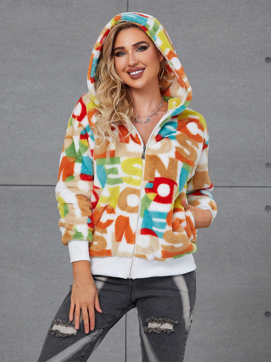 Damen Flauschige Kapuzenjacke mit buntem Muster und praktischen Taschen EB