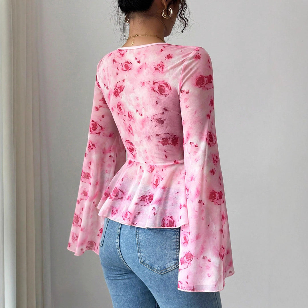 Damen Chiffonbluse mit Bindeknoten, V‑Ausschnitt und ausgestellten Glockenärmeln EB