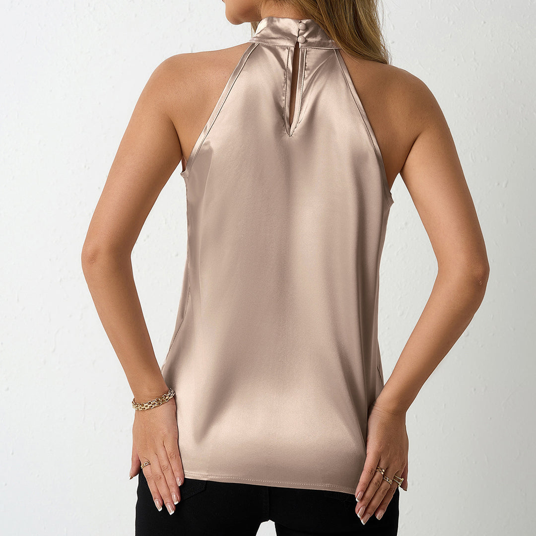Damen Modisches Satin-Oberteil mit elegantem Stehkragen und kleinem Schlitz EB