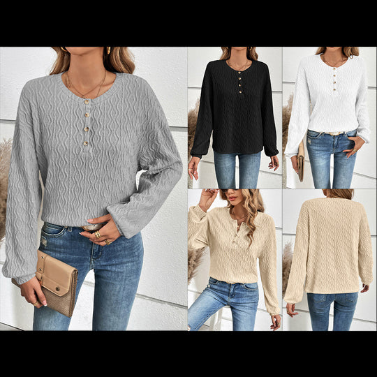 Damen lässiges Langarm-Henley-Oberteil aus strukturiertem Material EB