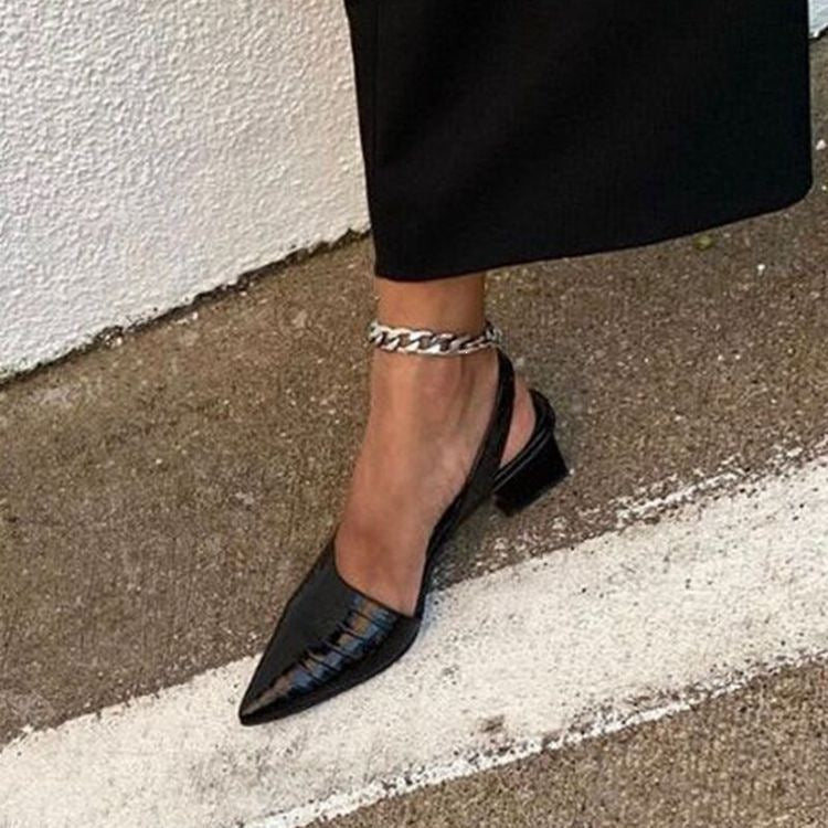 Damen Slingback-Pumps mit spitzer Kappe, Krokoprägung und mittlerem Blockabsatz EB