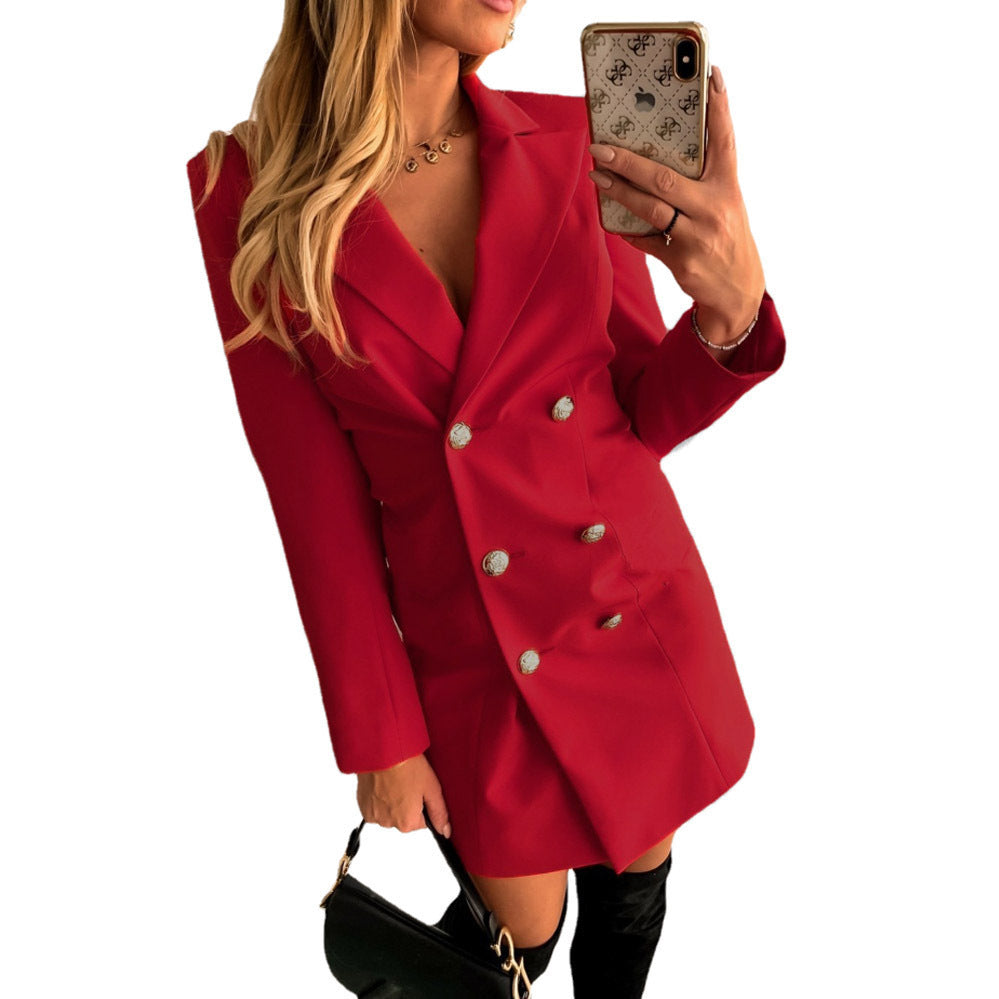 Damen Eleganter Doppelreiher-Blazer-Kleid mit Glanzknöpfen EB