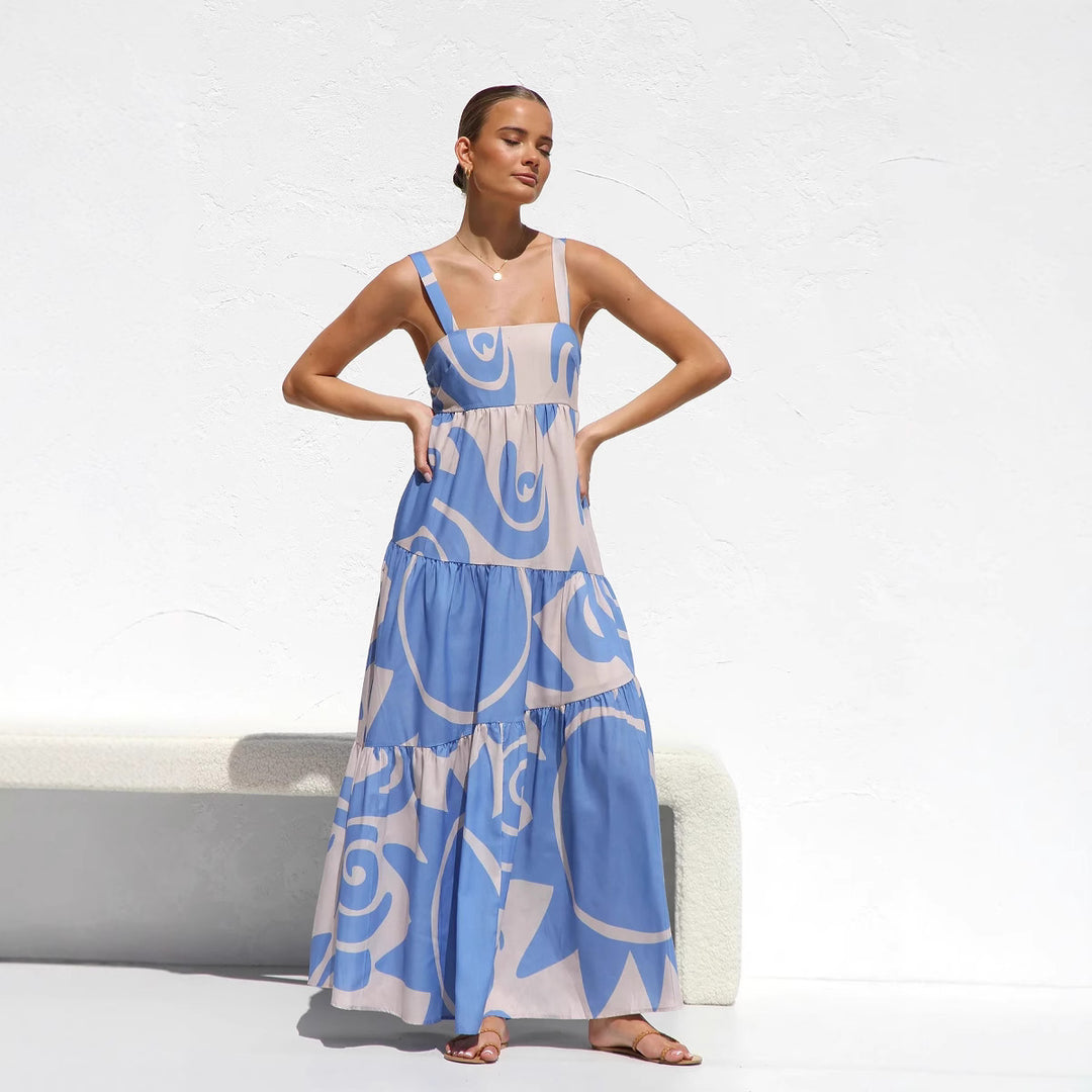 Damen Maxikleid mit modernem grafischen Muster und luftigen Volants EB