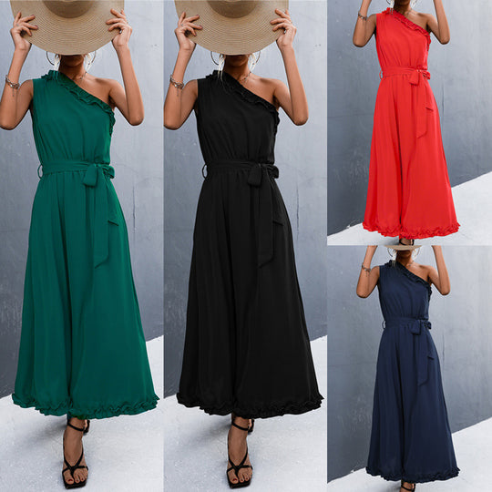 Damen Maxikleid mit schulterfreiem Design und eleganter Rüsche EB