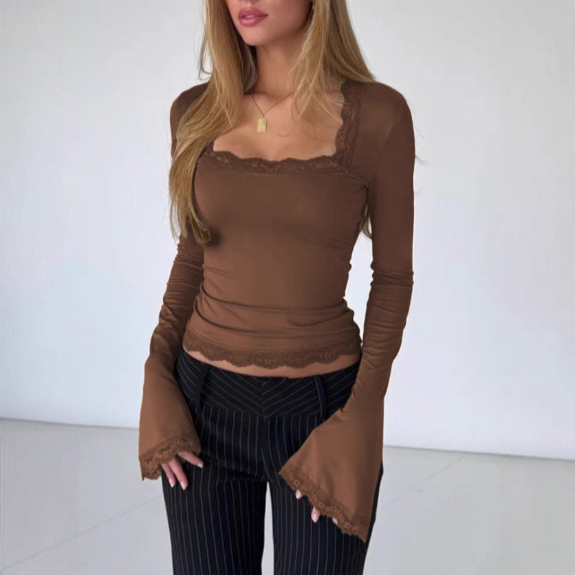 Damen Langarmshirt mit zartem Spitzenbesatz EB