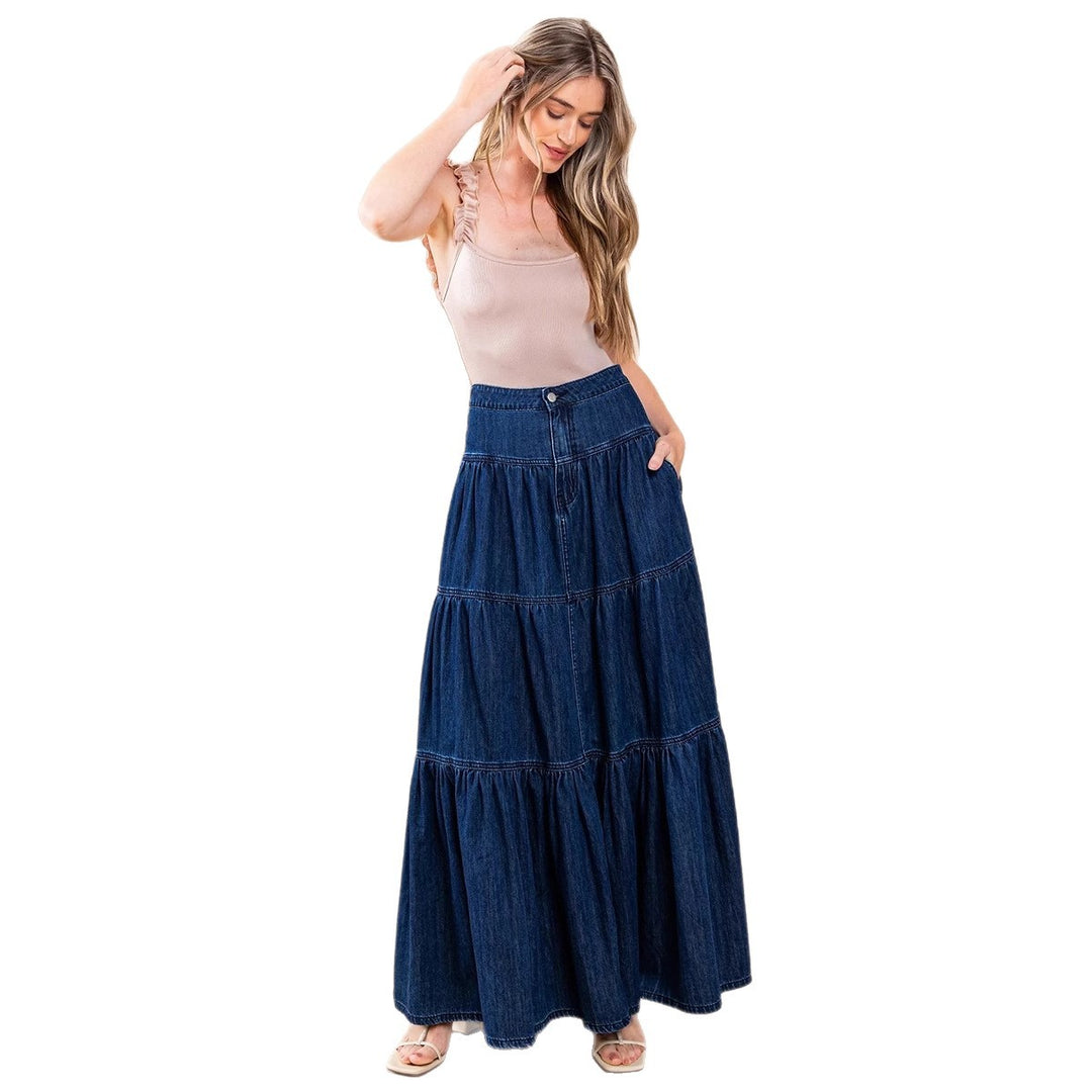 Damen Denim Maxikleid im Boho-Stil mit voluminösem Rock und Rüschen EB