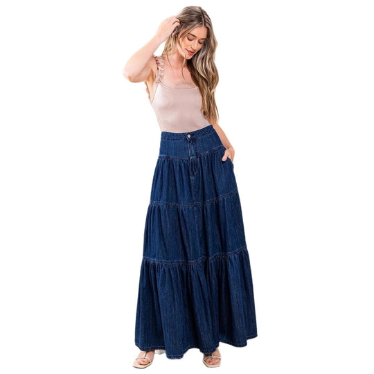 Damen Denim Maxikleid im Boho-Stil mit voluminösem Rock und Rüschen EB