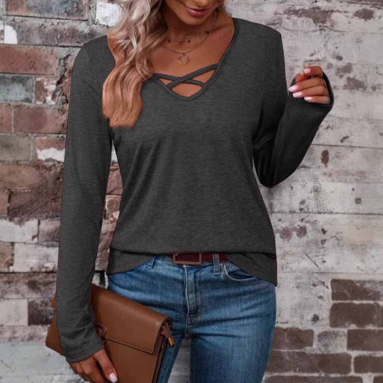 Damen langärmliges Shirt mit Kreuz-Ausschnitt EB