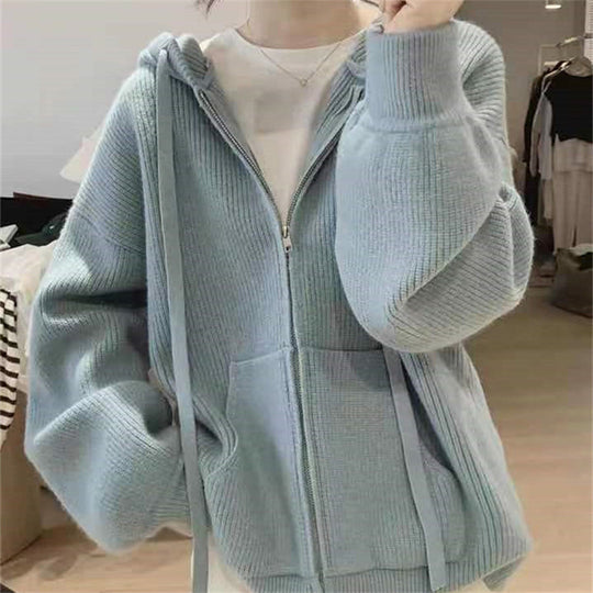Damen Kapuzenjacke mit trendigem Rippstrickdesign und praktischen Taschen EB