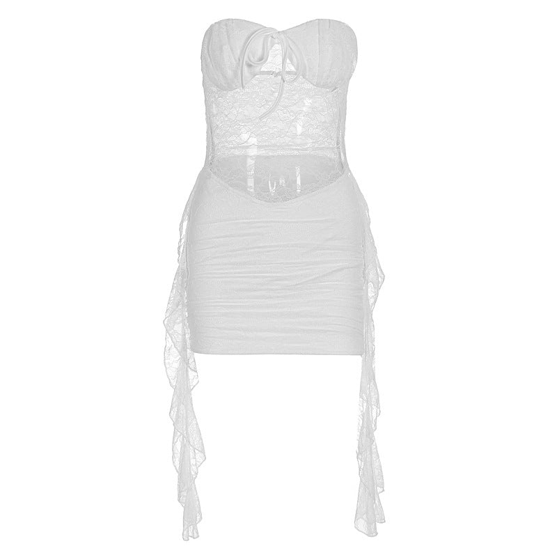 Damen sexy Minikleid mit Spitzenoberteil und verspieltem Saum EB
