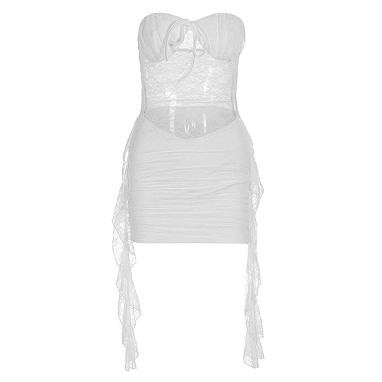 Damen sexy Minikleid mit Spitzenoberteil und verspieltem Saum EB