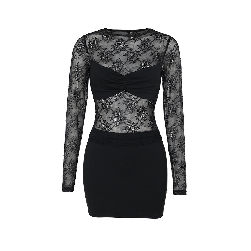 Damen Spitzenkleid mit transparentem Oberteil und figurformendem Design EB