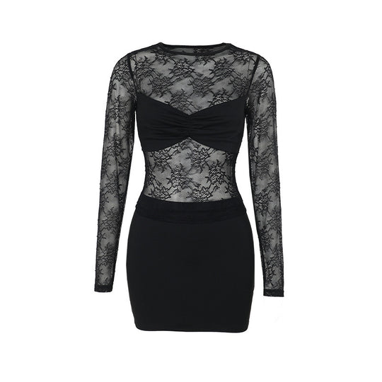 Damen Spitzenkleid mit transparentem Oberteil und figurformendem Design EB