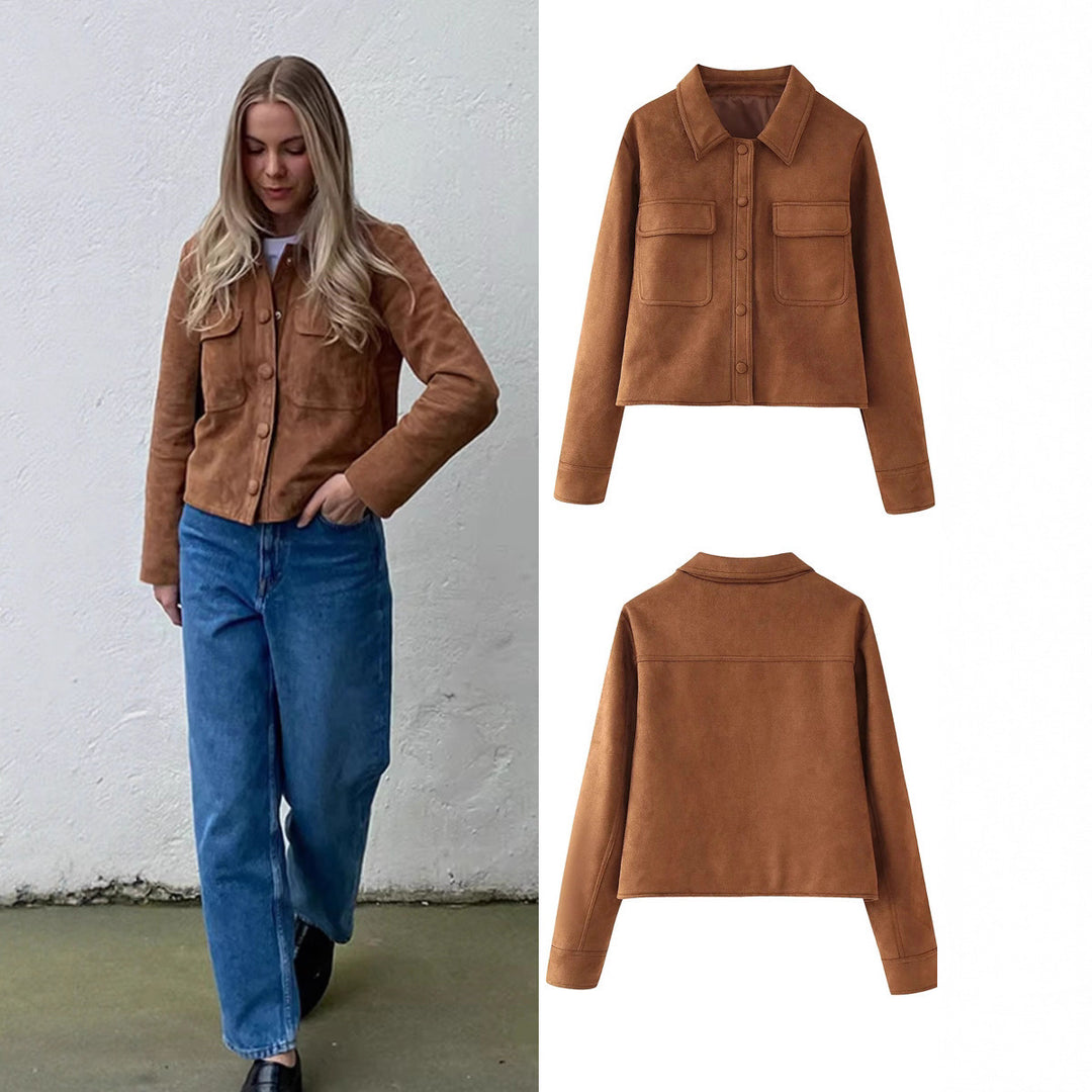 Damen modische Kurzjacke aus Wildlederimitat mit praktischen Taschen und elegantem Kragen EB