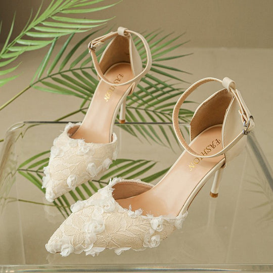 Damen elegante High Heels mit floralem Spitzendesign und verstellbarem Riemen EB