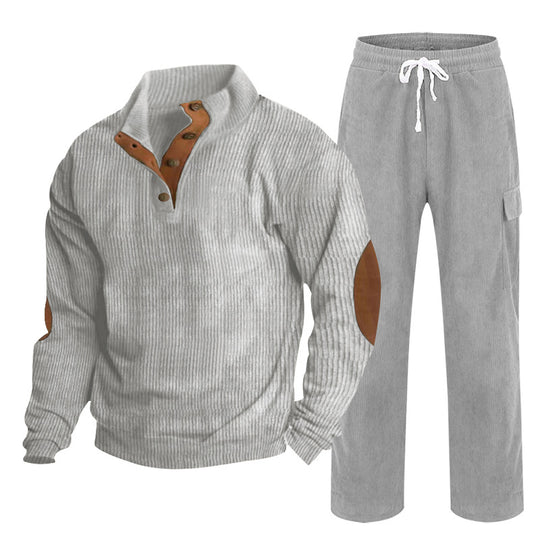 Herren nan strukturiertes Cord-Henley-Loungewear-Set mit Ellenbogenpatches und Cargo-Jogpant EB