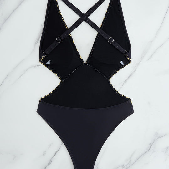 Damen Einteiler Badeanzug mit elegantem Muster und schimmernden Details EB