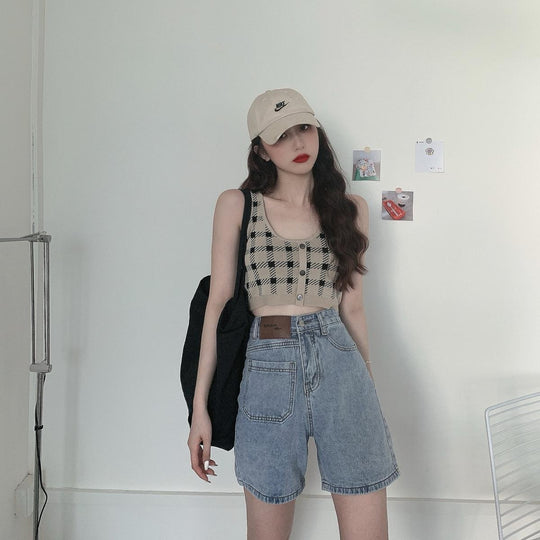 Damen Cropped Top mit Karomuster und Knopfdetail EB