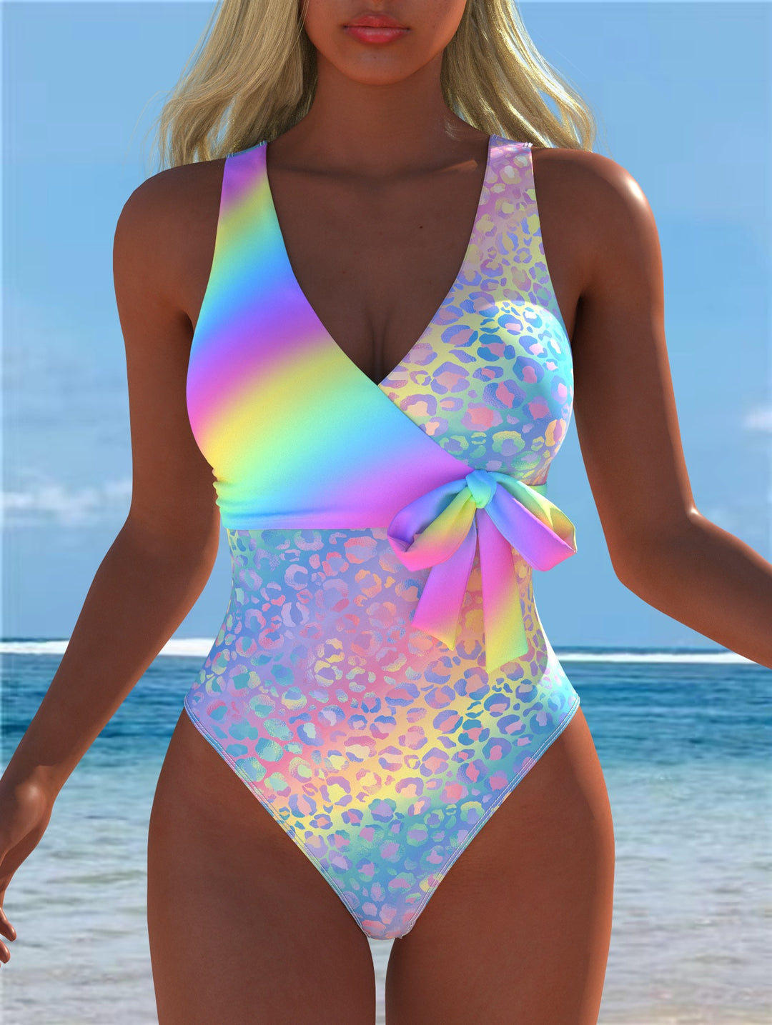 Damen Einteiliger Badeanzug mit elegantem Leoparden-Design und schimmerndem Farbverlauf EB