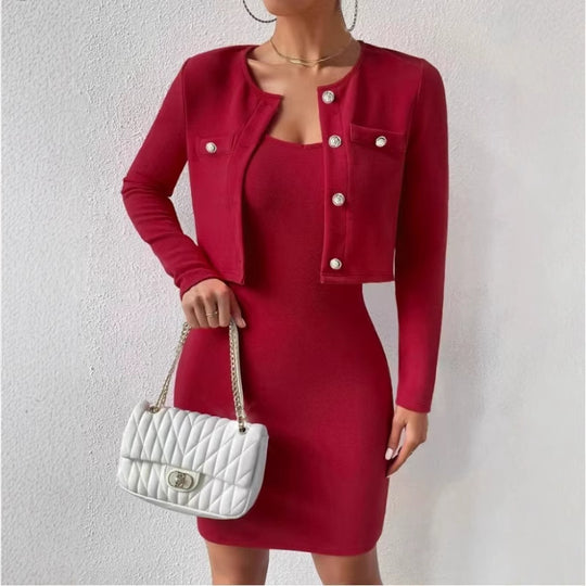 Damen elegantes Jumpsuit-Set mit taillierter Jacke und schimmernden Knöpfen EB
