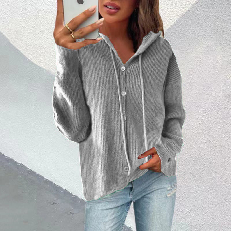 Damen Strickjacke mit Kapuze und Knopfleiste EB