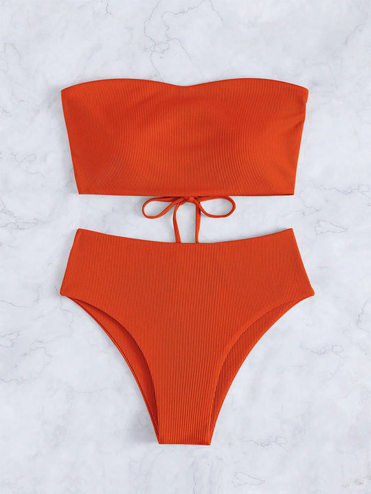 Damen Bandeau-Bikini mit hohem Bund und feinen Streifen EB