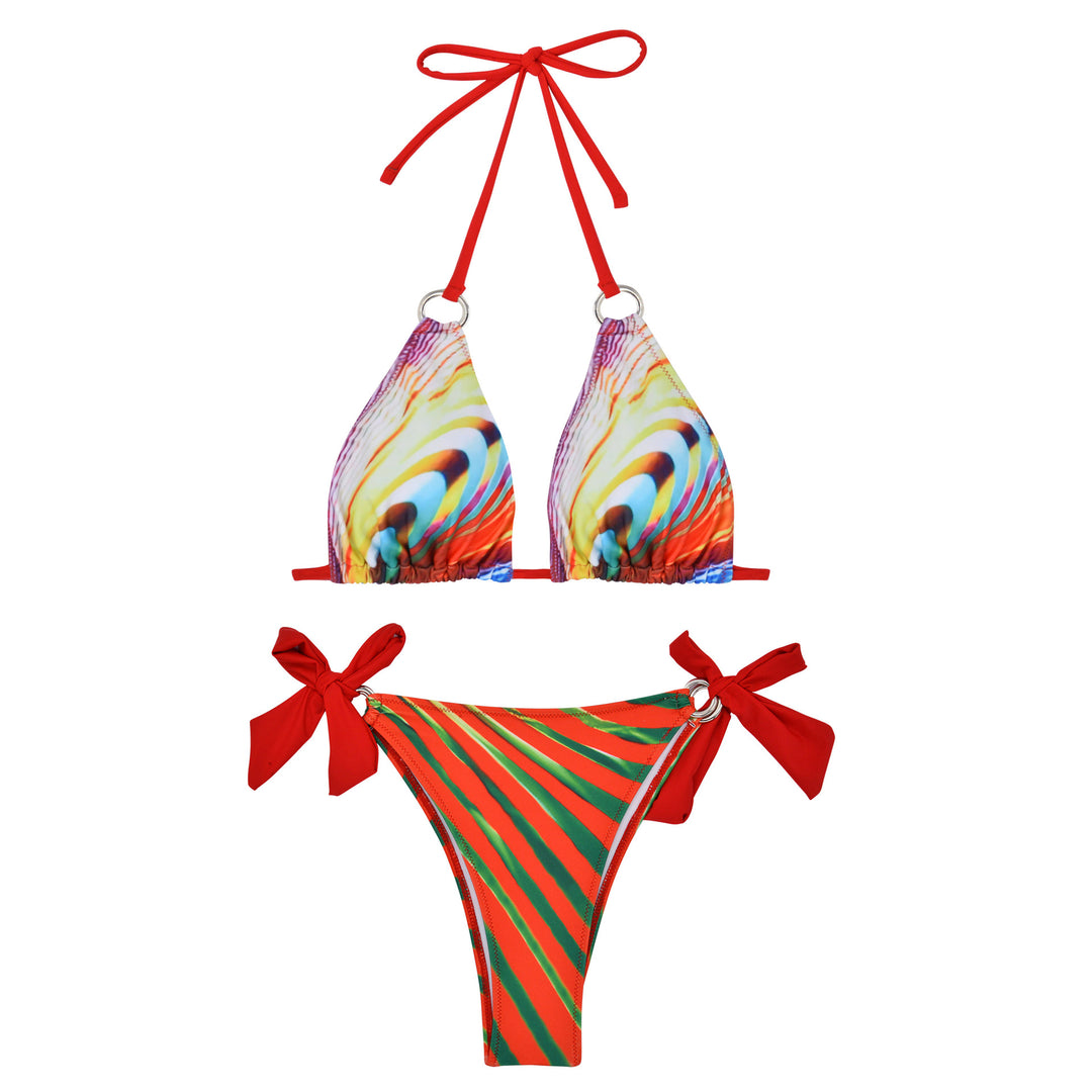Damen Triangel-Bikini mit stylischen Schleifen und buntem Streifenmuster EB