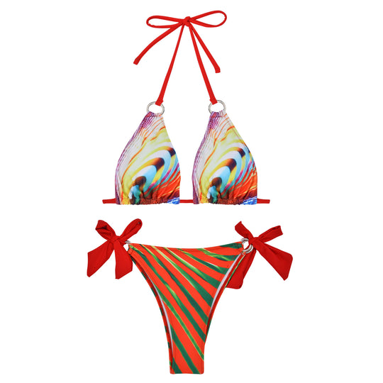 Damen Triangel-Bikini mit stylischen Schleifen und buntem Streifenmuster EB