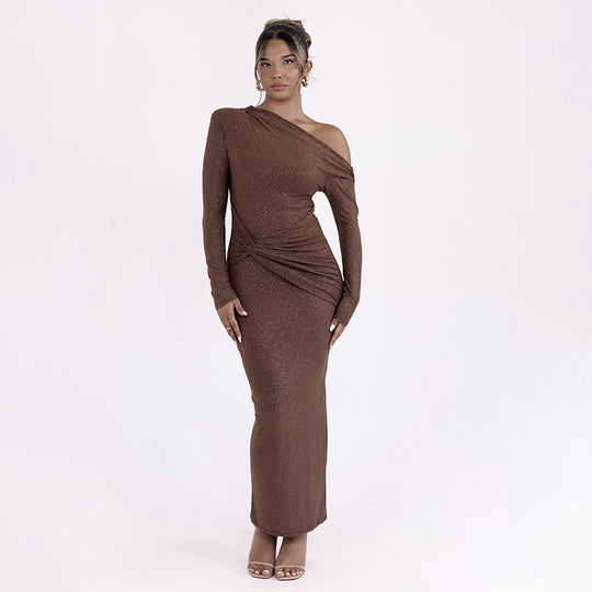 Damen Elegantes Maxikleid mit asymmetrischem Oberteil und Drapierung EB
