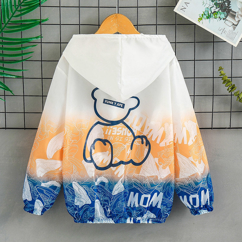Unisex nan leichte Kapuzenjacke mit Comic-Bären-Print, Windbreaker-Stoff und elastischem Saum  EB