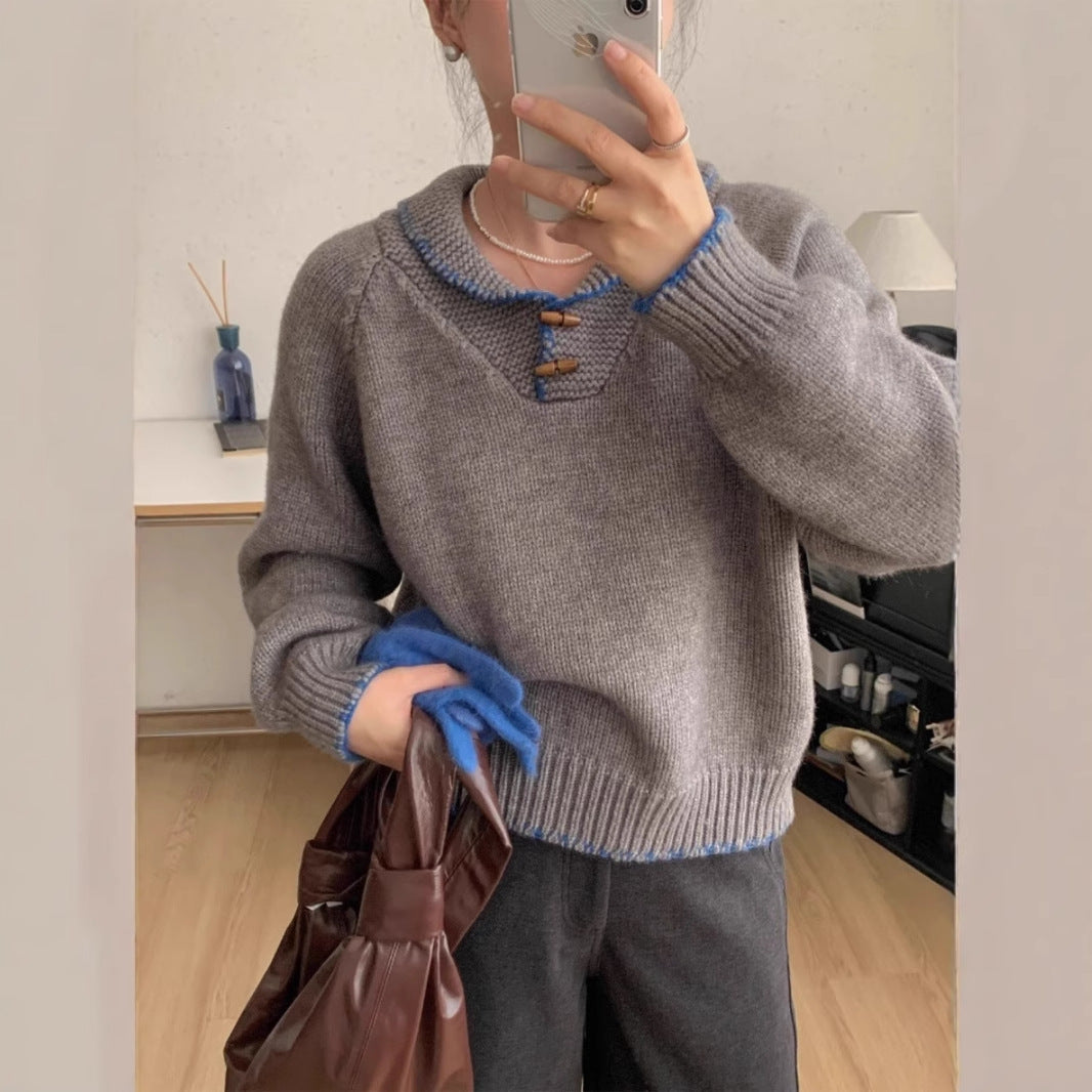 Damen lässiger Strickpullover mit einzigartigem Knopfdesign und Kontrastdetails EB