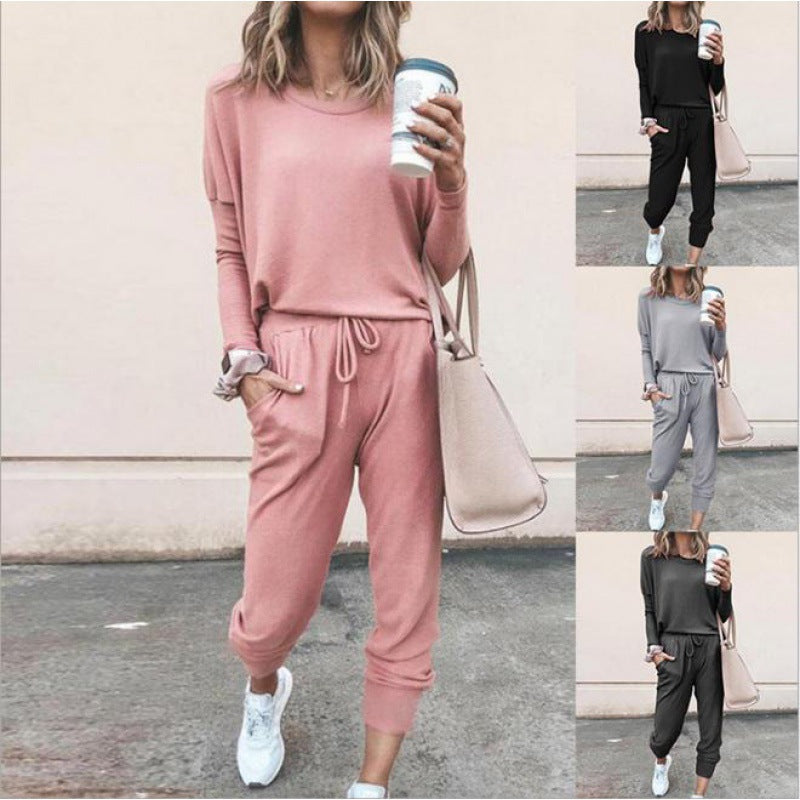 Damen Lässiges Lounge-Set mit Rundhalsausschnitt, Kordelzug-Hose und Bündchen EB