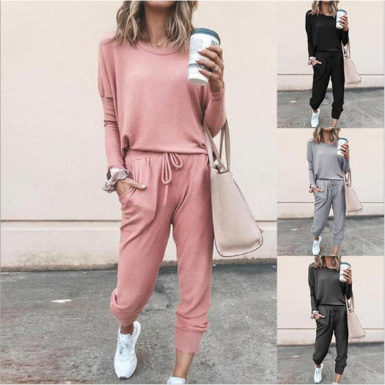Damen Lässiges Lounge-Set mit Rundhalsausschnitt, Kordelzug-Hose und Bündchen EB