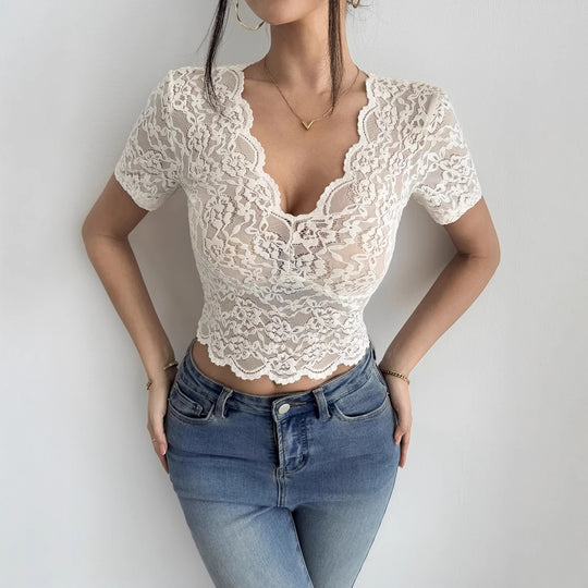 Damen nan kurzes figurbetontes Spitzen-Croptop mit V-Ausschnitt, gewelltem Saum und elastischer Floralmuster-Spitze EB