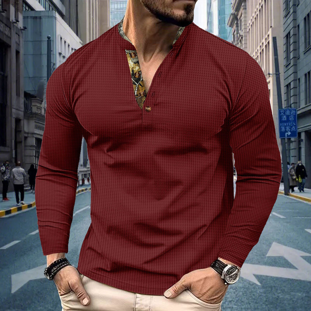 Herren nan langärmeliges Henley-Shirt mit Stehkragen und gemustertem Knopfleistenbesatz EB