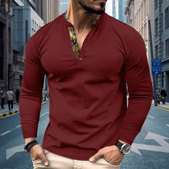Herren nan langärmeliges Henley-Shirt mit Stehkragen und gemustertem Knopfleistenbesatz EB