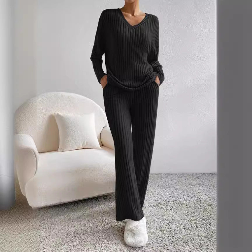 Damen Freizeit-Loungewear-Set aus weichem Rippstoff mit V-Ausschnitt EB