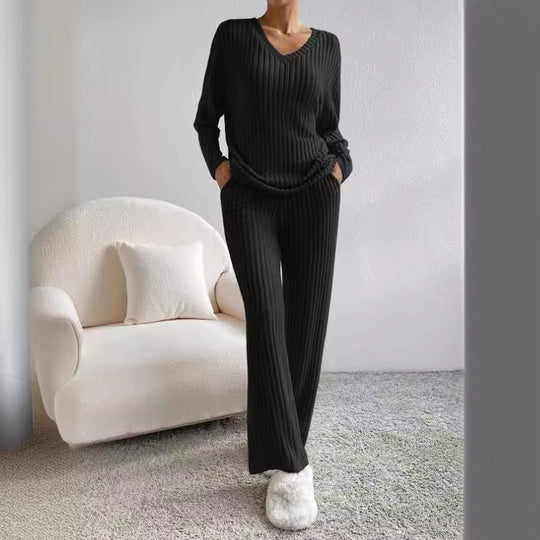 Damen Freizeit-Loungewear-Set aus weichem Rippstoff mit V-Ausschnitt EB