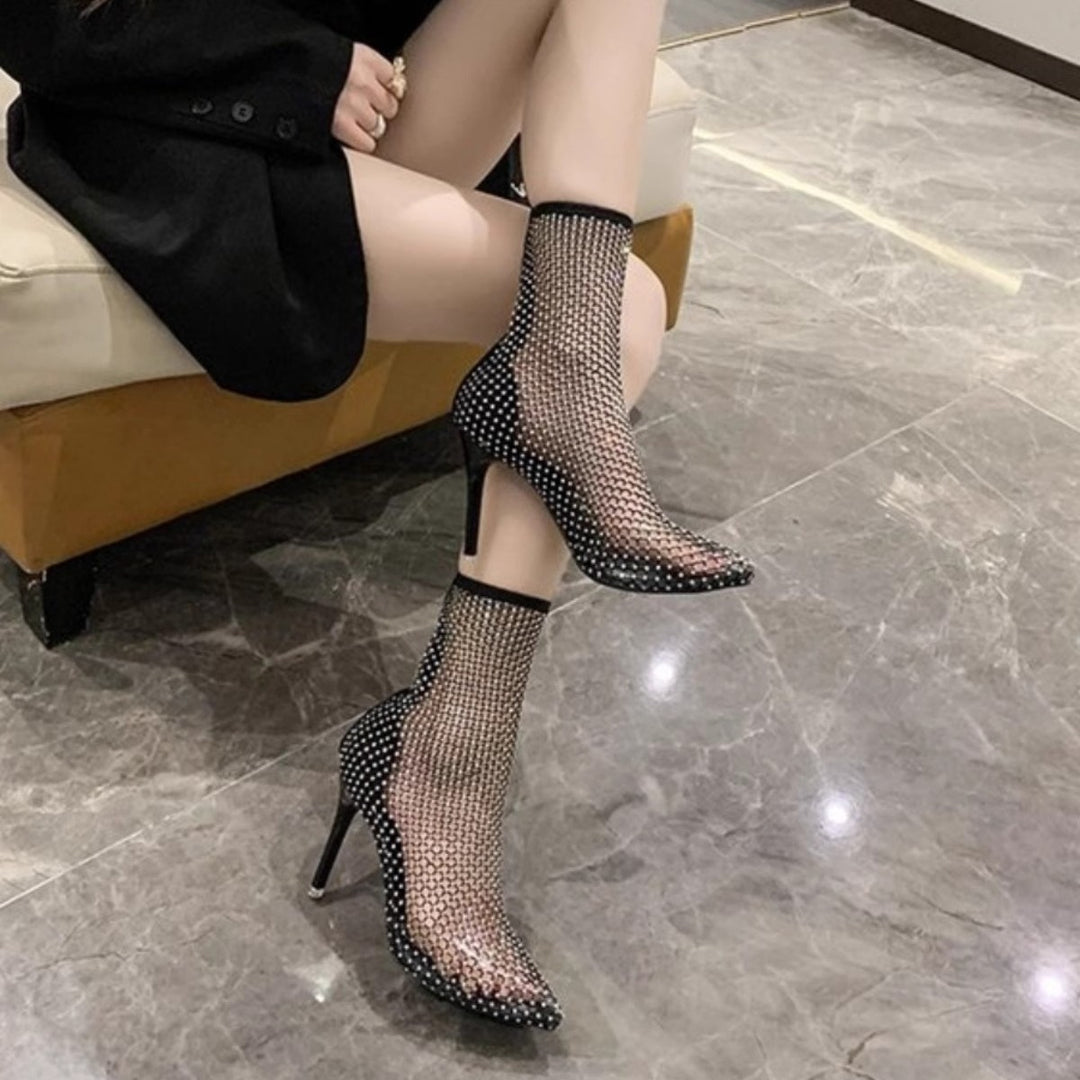 Damen spitze Netz High Heel Stiefeletten mit funkelnden Details EB