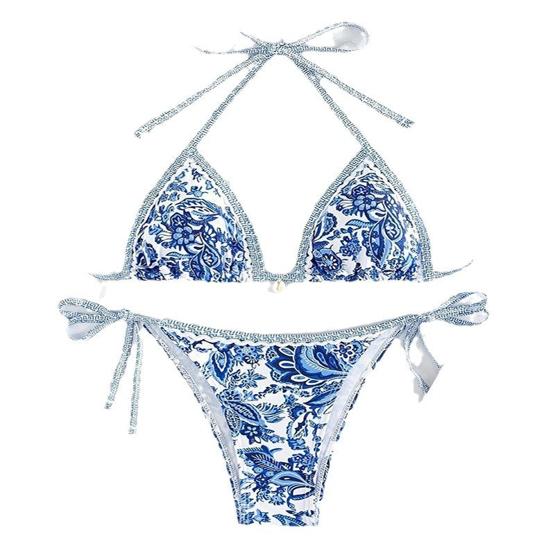 Damen Triangel-Bikini mit floralem Muster und verstellbaren Bändern EB