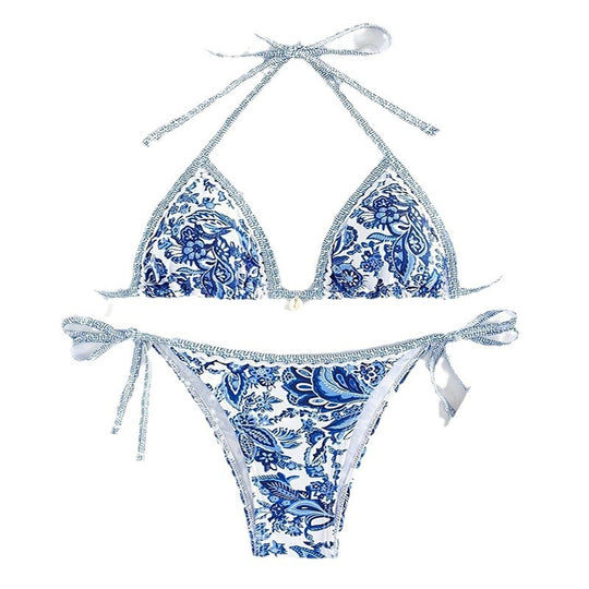 Damen Triangel-Bikini mit floralem Muster und verstellbaren Bändern EB