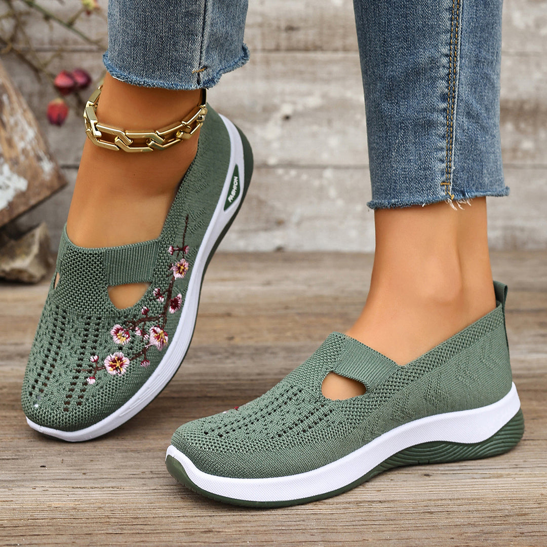 Damen Bequeme Slip-On Sneakers mit floralem Stickerei EB