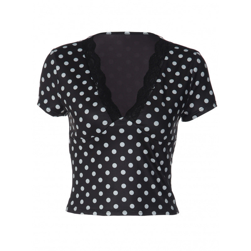 Damen Polka-Dot Top mit Spitzenakzenten und taillierter Passform EB