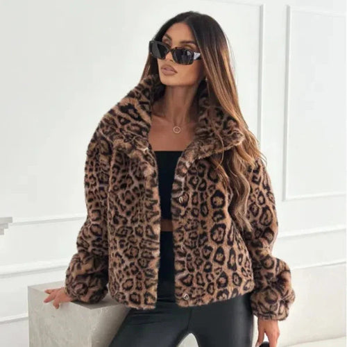 Damen nan kurze Kunstfelljacke mit Wildmuster, V-Ausschnitt und taillierter Silhouette EB
