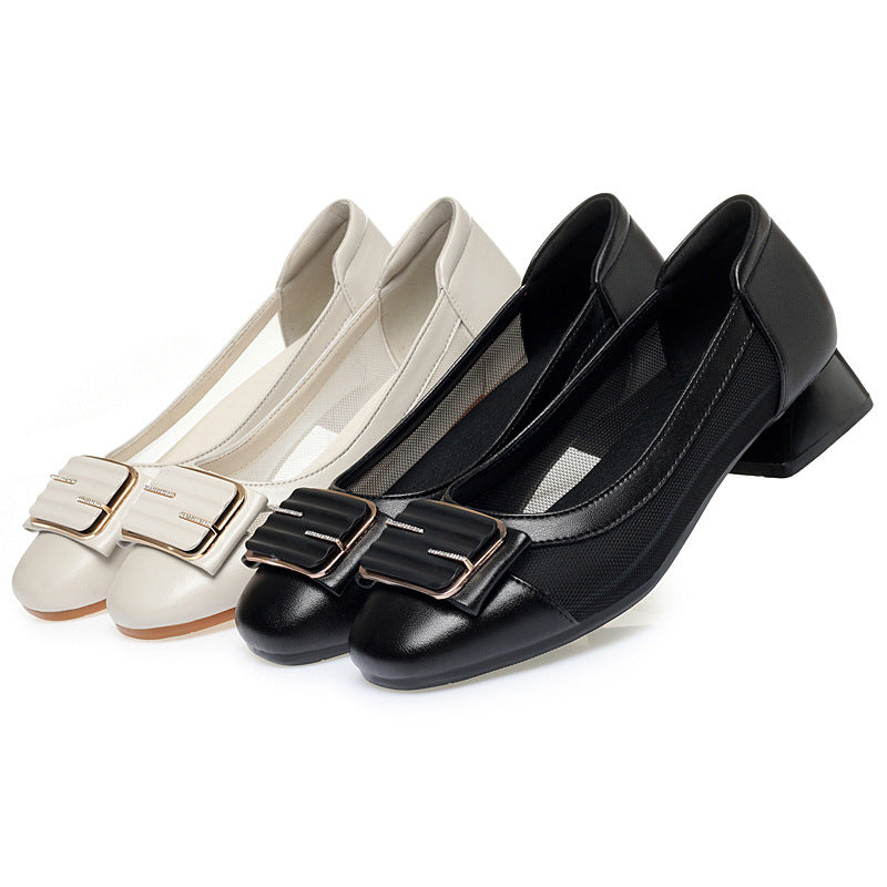 Damen elegante Ballerinas mit modischer Schnallenverzierung und atmungsaktivem Mesh-Einsatz EB