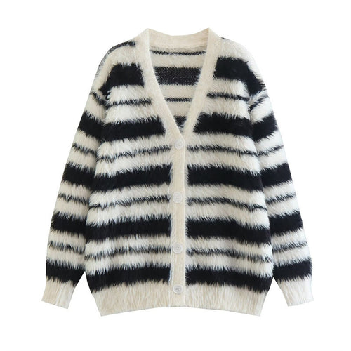 Damen Gemütlicher Strickcardigan mit modernem Streifenmuster und weichem Material EB