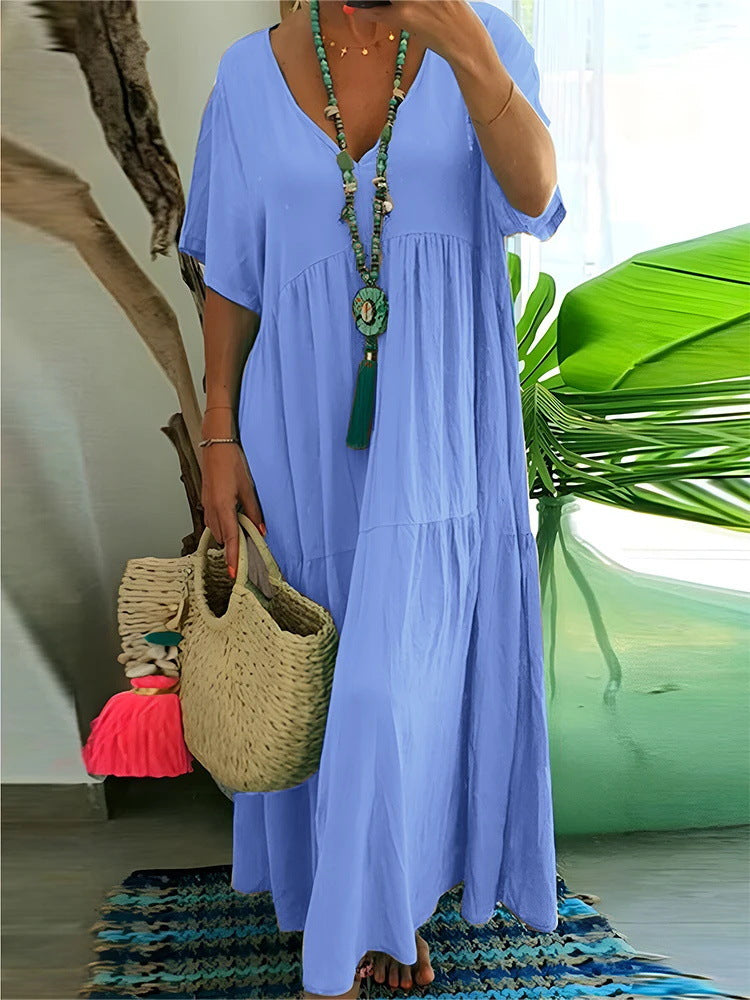 Damen luftiges Boho-Maxikleid mit schwingendem Saum und tiefem V-Ausschnitt EB